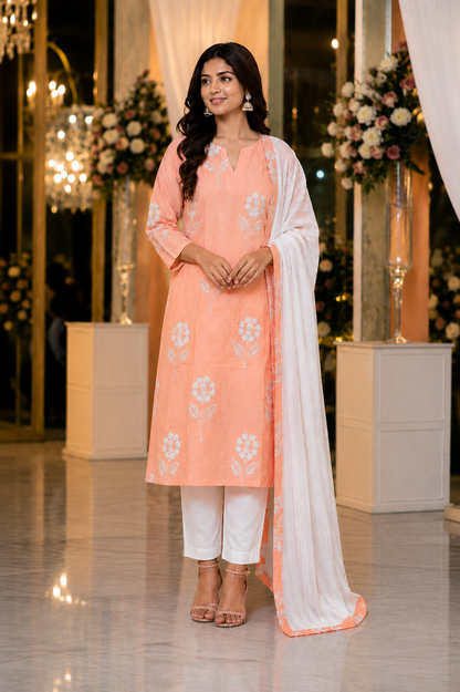 Peach Embroidered Kurta Set