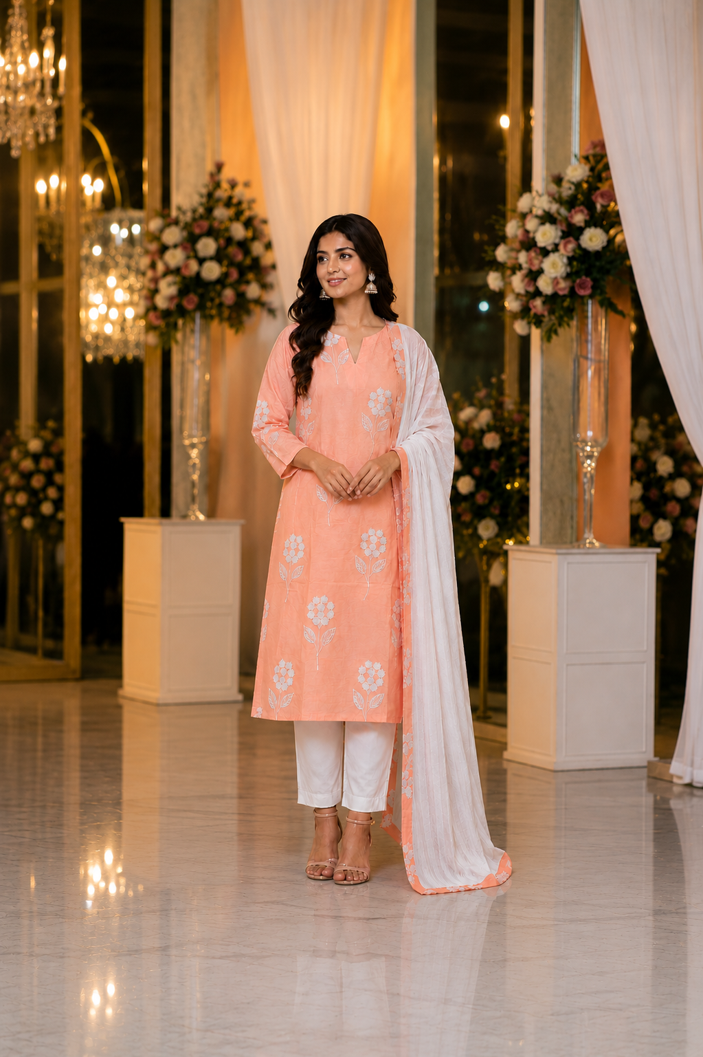Peach Embroidered Kurta Set